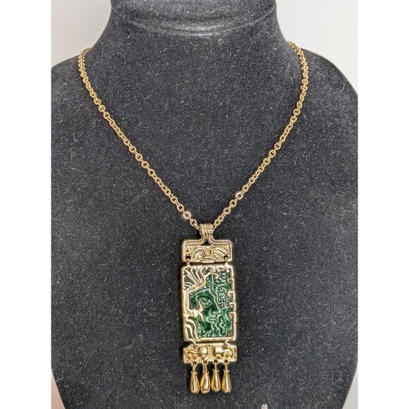 SALVADOR TERAN MARBEL Jewelry - SALVADOR TERAN MARBEL Gold Plated Green Aztec Face Mask Designer Necklace 25"